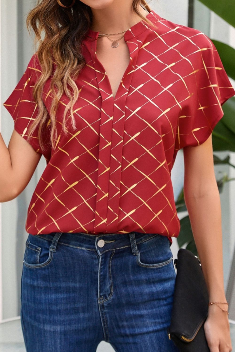 Printed Notched Short Sleeve Blouse - Flyclothing LLC