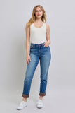 Judy Blue Full Size Plaid Print Cuff Straight Leg Jeans with Pockets - Trendsi