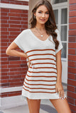 Striped V-Neck Short Sleeve Knit Top - Flyclothing LLC