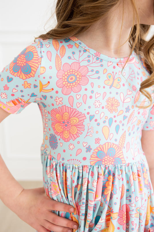 Blue Retro Unicorns S/S Pocket Twirl Dress - Mila & Rose ®