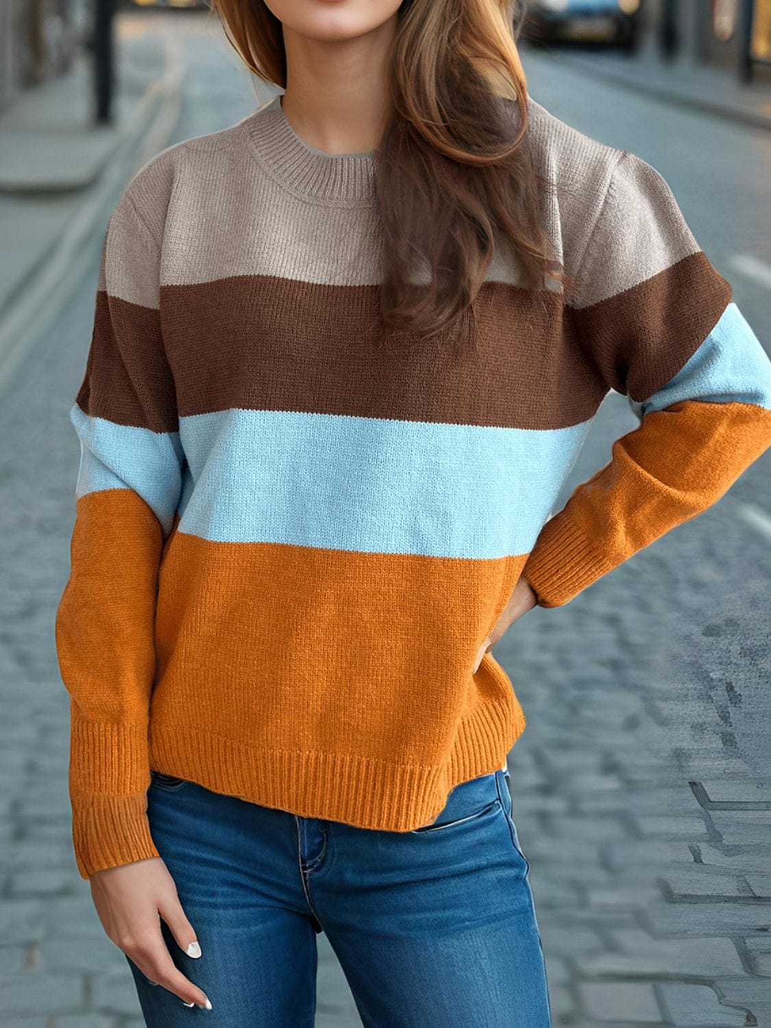 Color Block Round Neck Long Sleeve Sweater - Trendsi