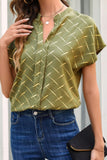 Printed Notched Short Sleeve Blouse - Flyclothing LLC