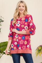 Celeste Full Size Side Slit Flower Print Long Sleeve Top - Trendsi