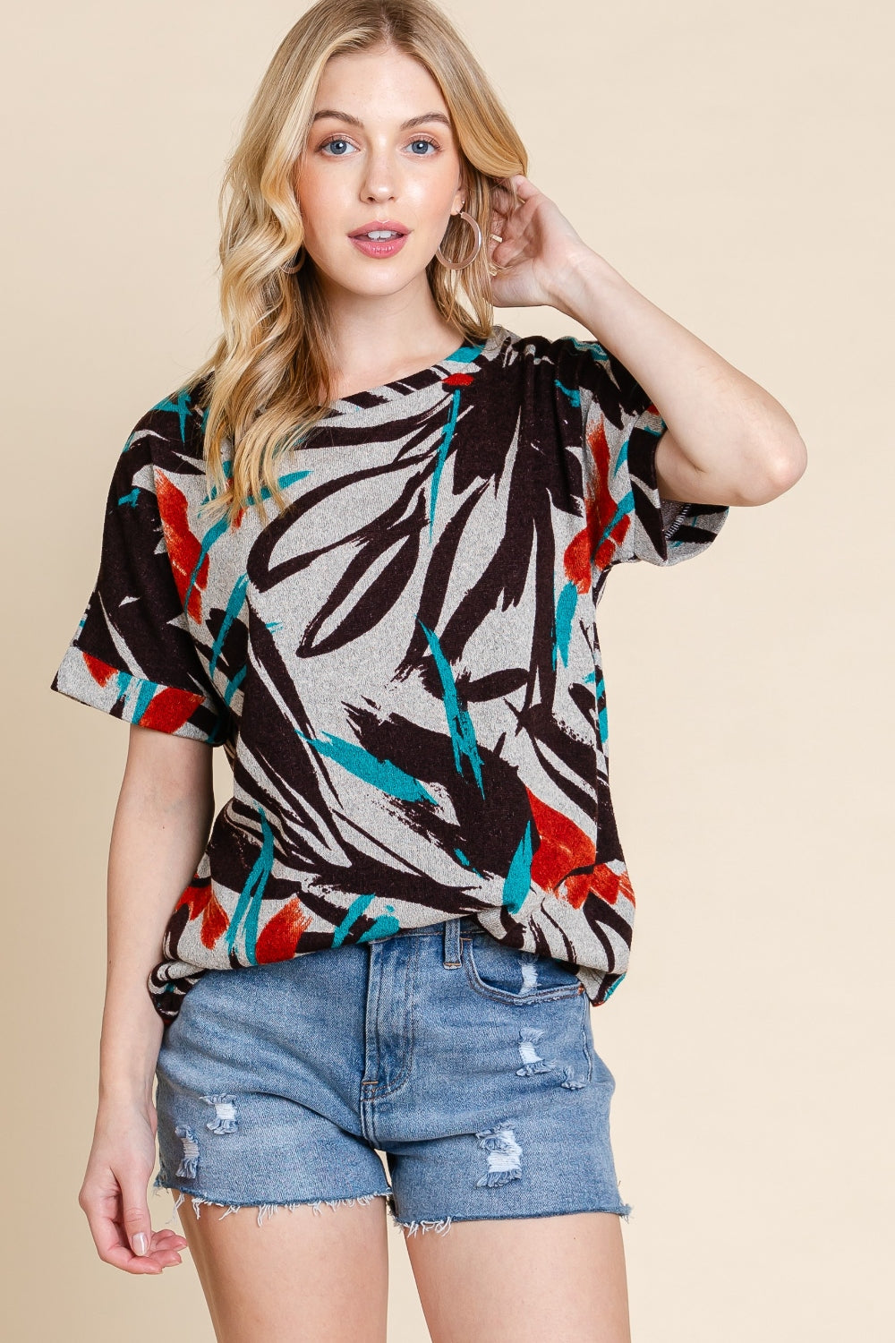 BOMBOM Printed Round Neck Short Sleeve T-Shirt - Trendsi