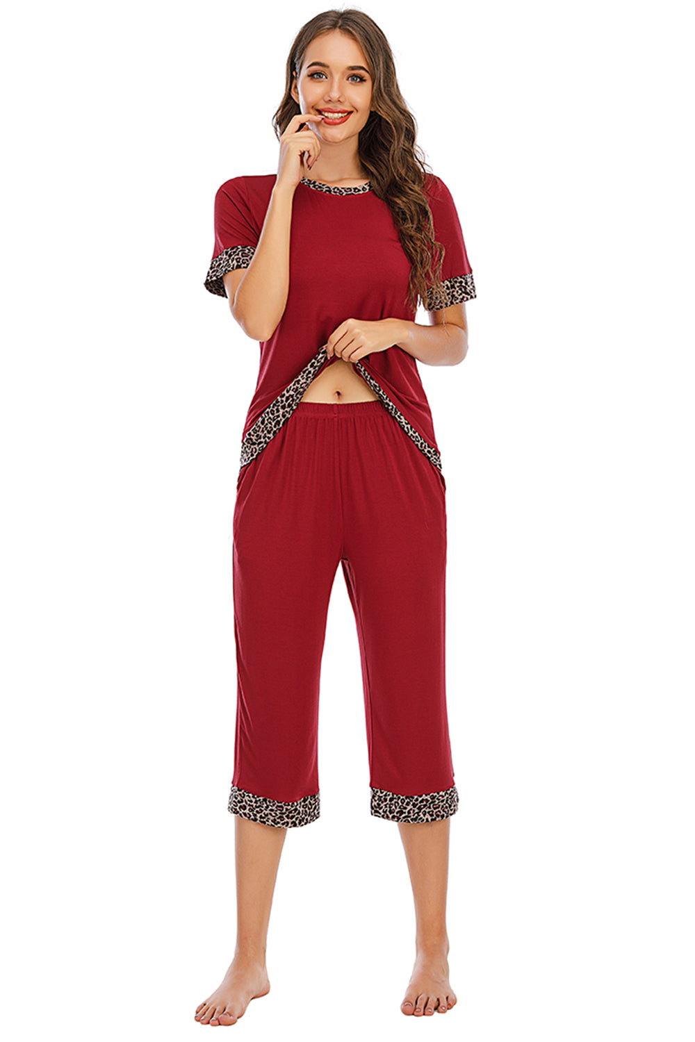 Round Neck Short Sleeve Top and Capris Pants Lounge Set - Flyclothing LLC