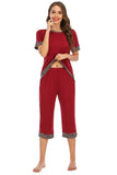 Round Neck Short Sleeve Top and Capris Pants Lounge Set - Flyclothing LLC