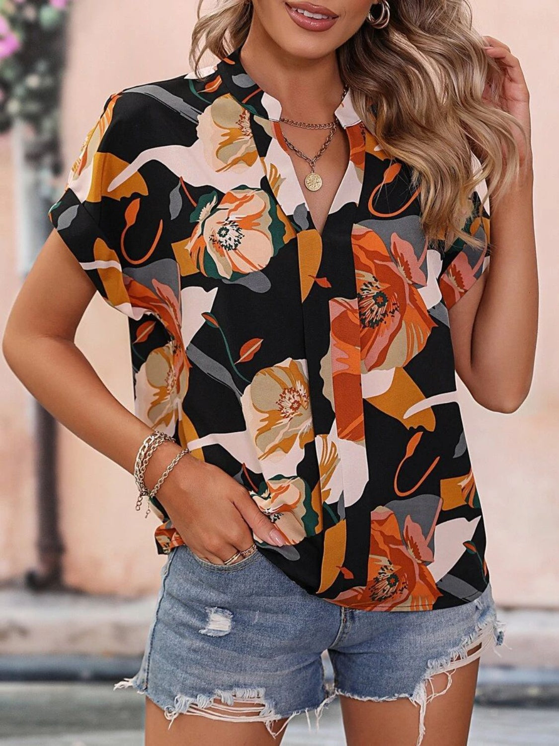 Printed Notched Short Sleeve Blouse - Flyclothing LLC