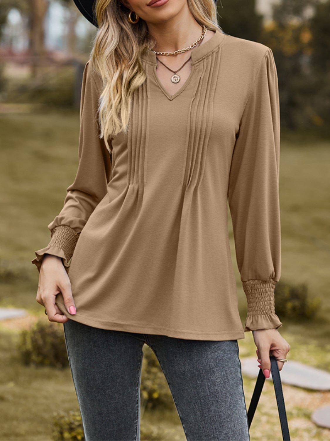 Ruched Notched Long Sleeve T-Shirt - Trendsi