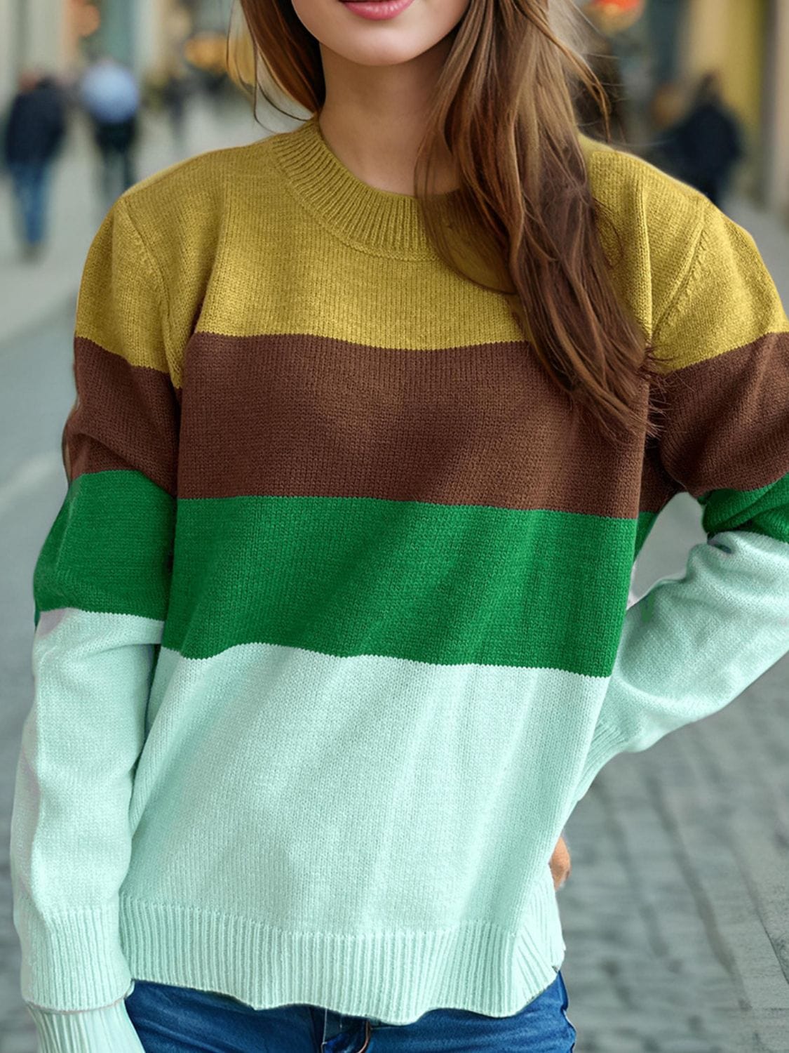 Color Block Round Neck Long Sleeve Sweater - Trendsi