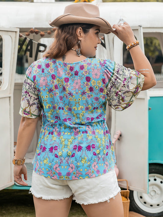 Plus Size Ruched Lace Detail Printed V-Neck Short Sleeve Blouse Trendsi