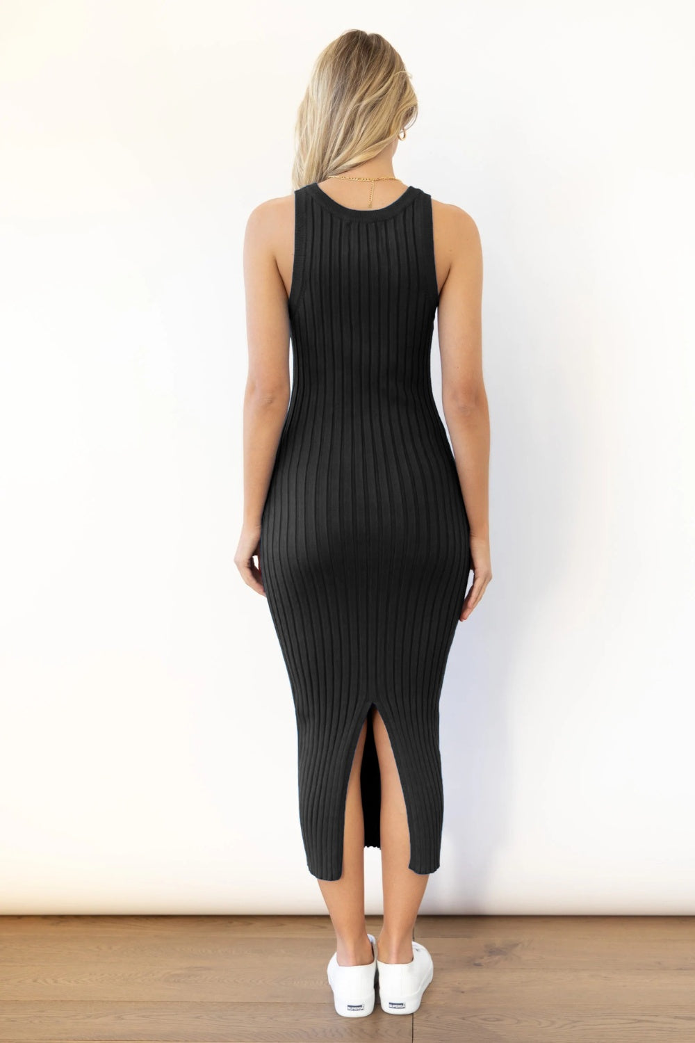 Slit Ribbed Round Neck Sleeveless Dress Trendsi