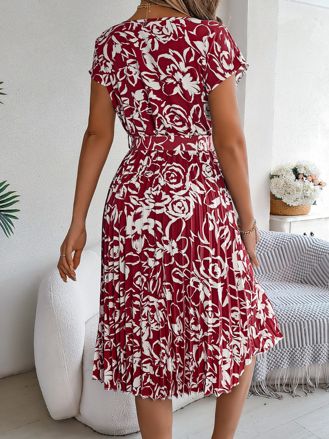 Tied Pleated Printed Short Sleeve Dress Trendsi