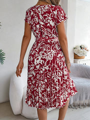 Tied Pleated Printed Short Sleeve Dress Trendsi