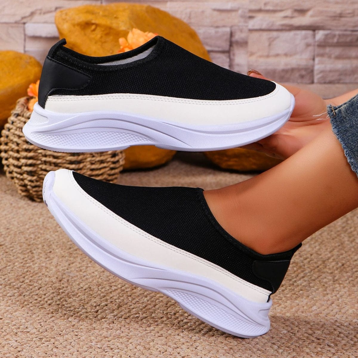 Mesh Contrast Flat Slip-Ons - Trendsi