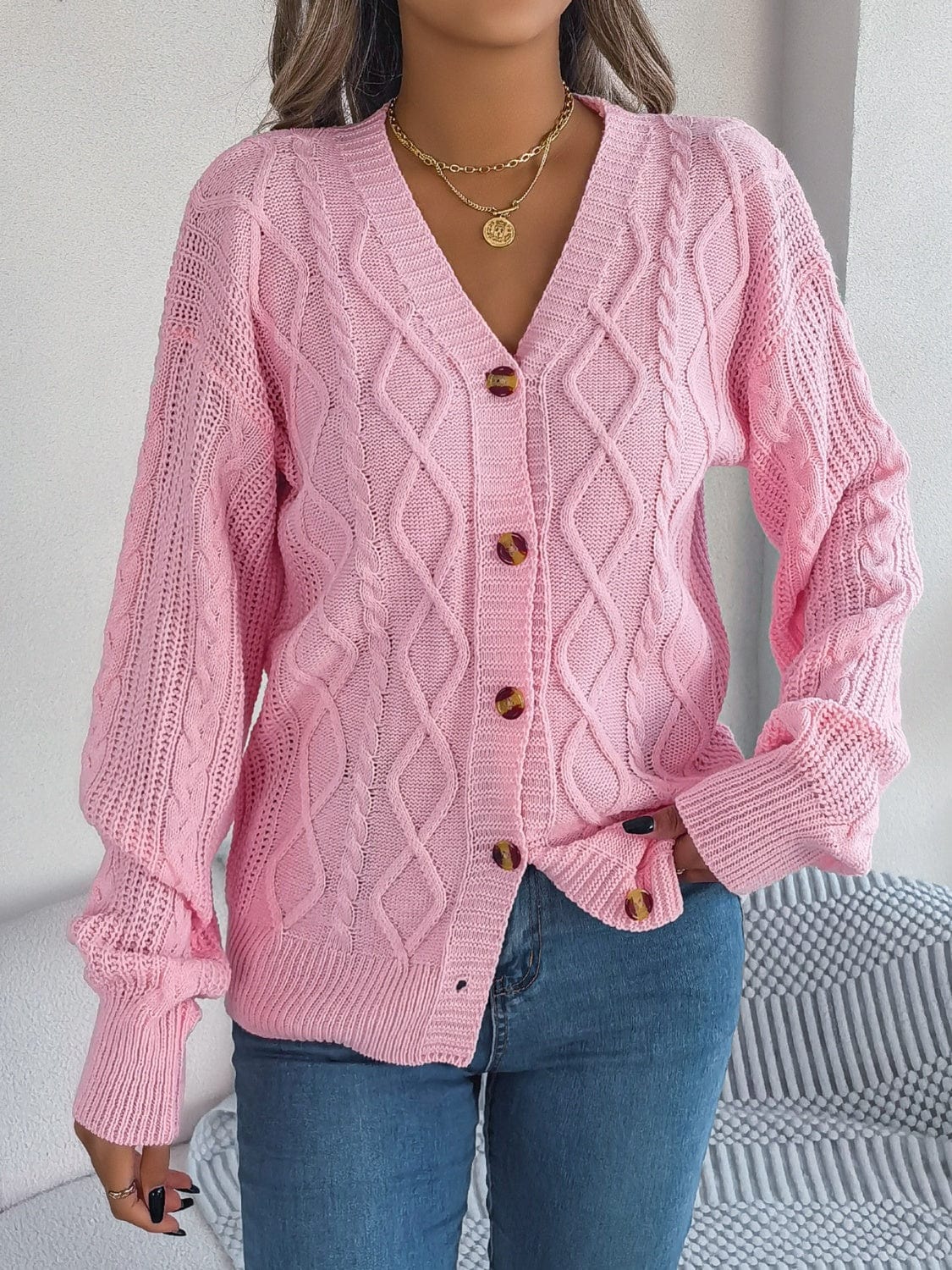 Cable-Knit Long Sleeve Cardigan - Trendsi