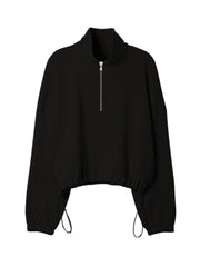 Waffle Knit Drawstring Half Zip Long Sleeve Sweatshirt