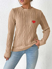 Cable-Knit Heart Round Neck Long Sleeve Sweater - Trendsi