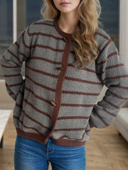 Striped Round Neck Long Sleeve Cardigan