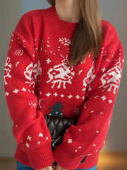 Christmas Element Round Neck Long Sleeve Sweater - Trendsi