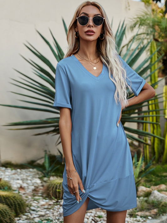 V-Neck Short Sleeve Mini Dress - Flyclothing LLC