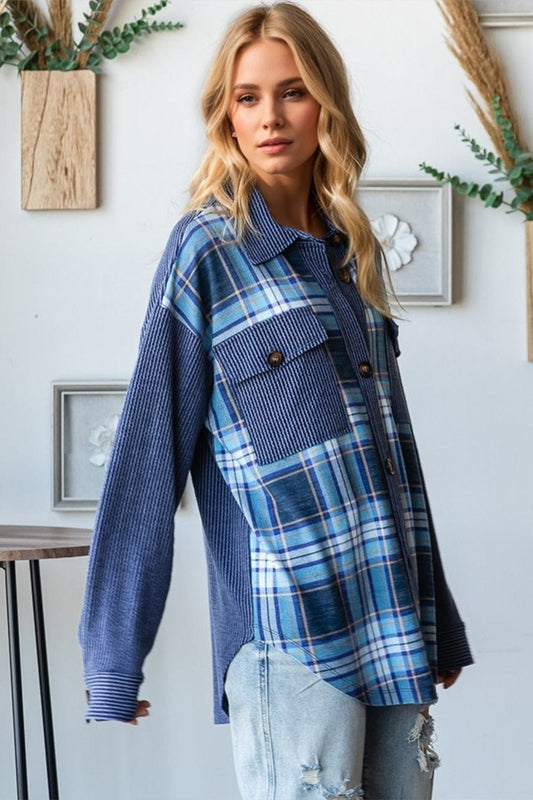 Oh Plaid Button Up Long Sleeve Shacket with Breast Pockets - Trendsi