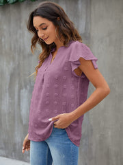 Swiss Dot Notched Flutter Sleeve Blouse Trendsi