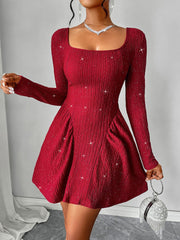 Backless Glitter Square Neck Long Sleeve Mini Dress - Trendsi