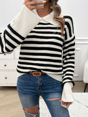 Striped Collared Neck Long Sleeve Sweater