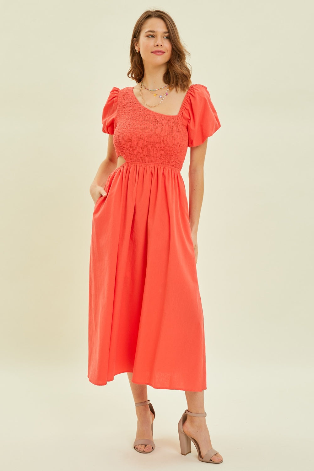 HEYSON Smocked Cutout Midi Dress - Trendsi