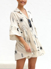 Printed Collared Neck Three-Quarter Sleeve Mini Dress