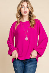 BOMBOM Textured Balloon Sleeve Top - Trendsi