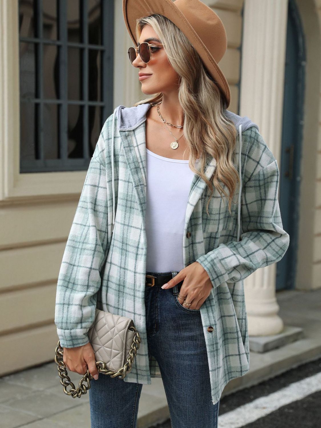 Drawstring Plaid Button Up Hooded Jacket