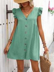 Button Up V-Neck Cap Sleeve Mini Dress Trendsi