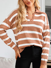 Many Striped Johnny Collar Long Sleeve Sweater - Trendsi