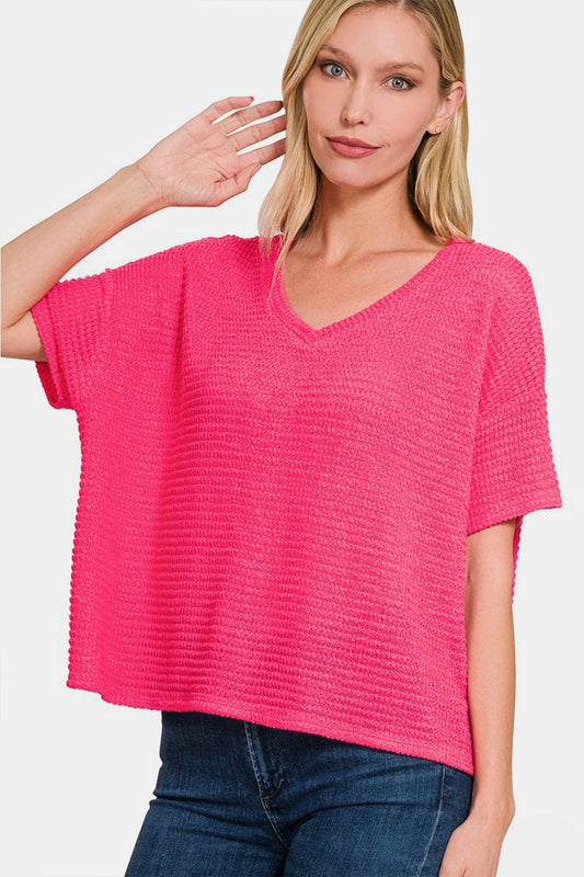 Blusa de punto jacquard de manga corta con hombros caídos de Zenana