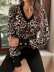 Decorative Button Leopard V-Neck Long Sleeve T-Shirt - Trendsi