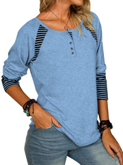 Full Size Striped Quarter Button Long Sleeve T-Shirt