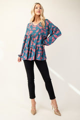 Celeste Full Size Tiered Floral V-Neck Long Sleeve Blouse - Trendsi