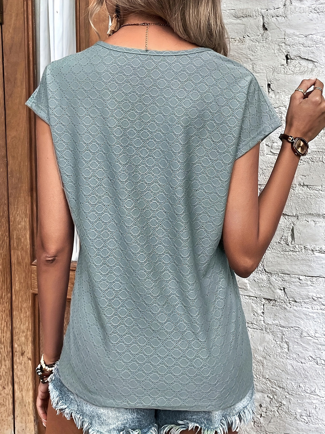 Eyelet V-Neck Cap Sleeve Blouse - Flyclothing LLC