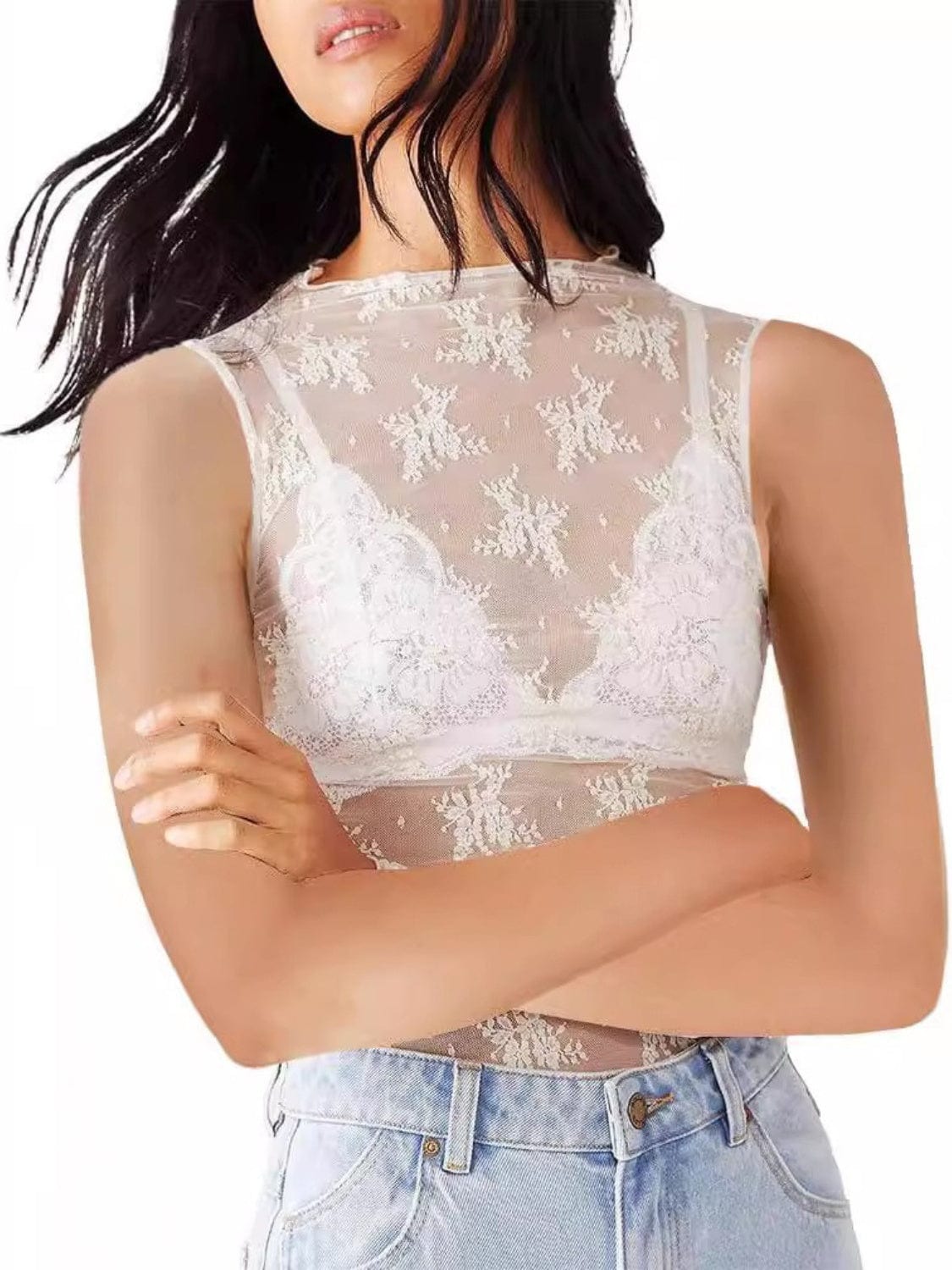 Lace Mock Neck Top - Trendsi