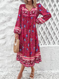 Tassel Tied Printed Long Sleeve Dress - Flyclothing LLC