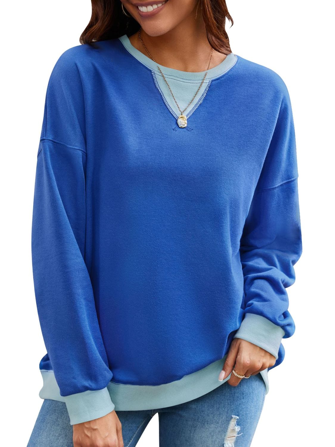 Contrast Round Neck Long Sleeve Sweatshirt - Trendsi