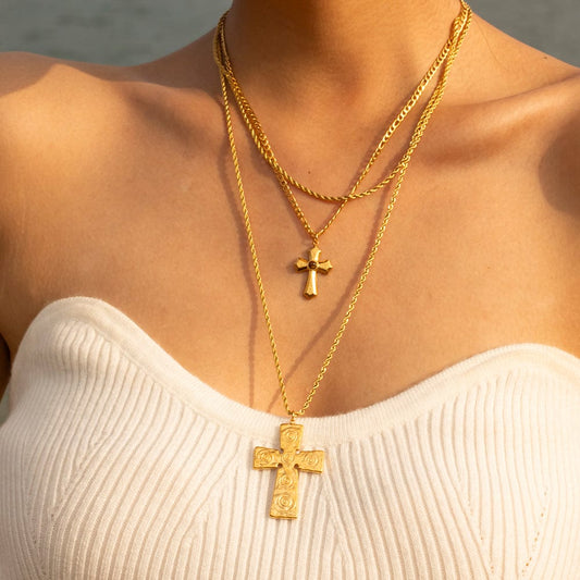 18K Gold-Plated Double Layered Cross Necklace - Trendsi