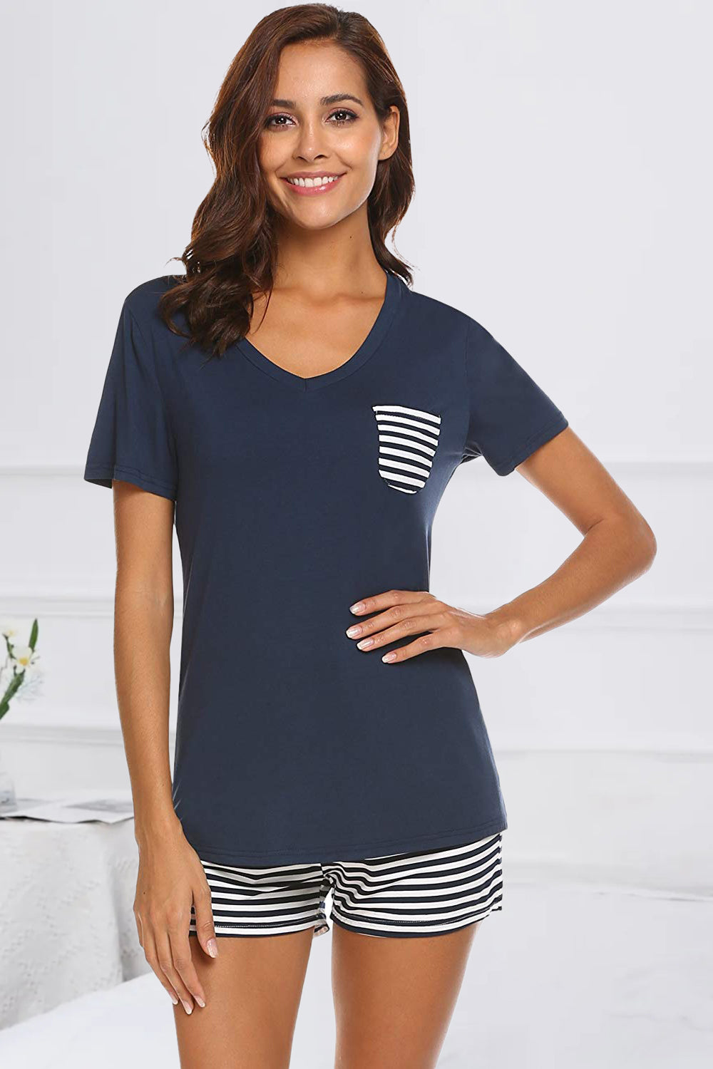 Striped Short Sleeve Top and Shorts Lounge Set - Flyclothing LLC