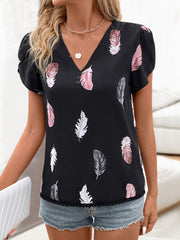 Printed V-Neck Short Sleeve Blouse Trendsi