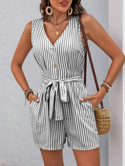 Perfee Striped V-Neck Tie Waist Romper - Trendsi