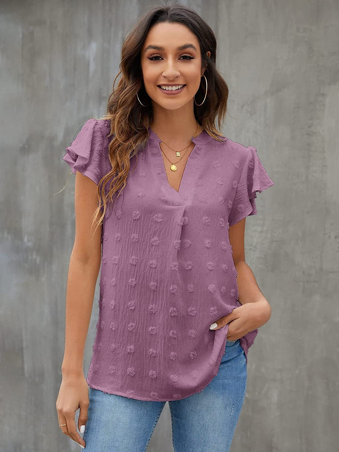 Swiss Dot Notched Flutter Sleeve Blouse Trendsi