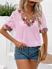 Eyelet Embroidered V-Neck Short Sleeve Blouse Trendsi