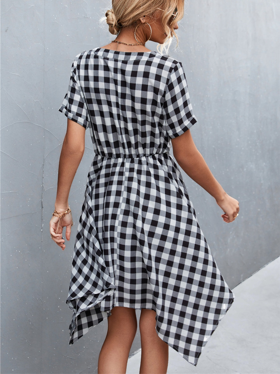 Plaid Notched Short Sleeve Dress Trendsi