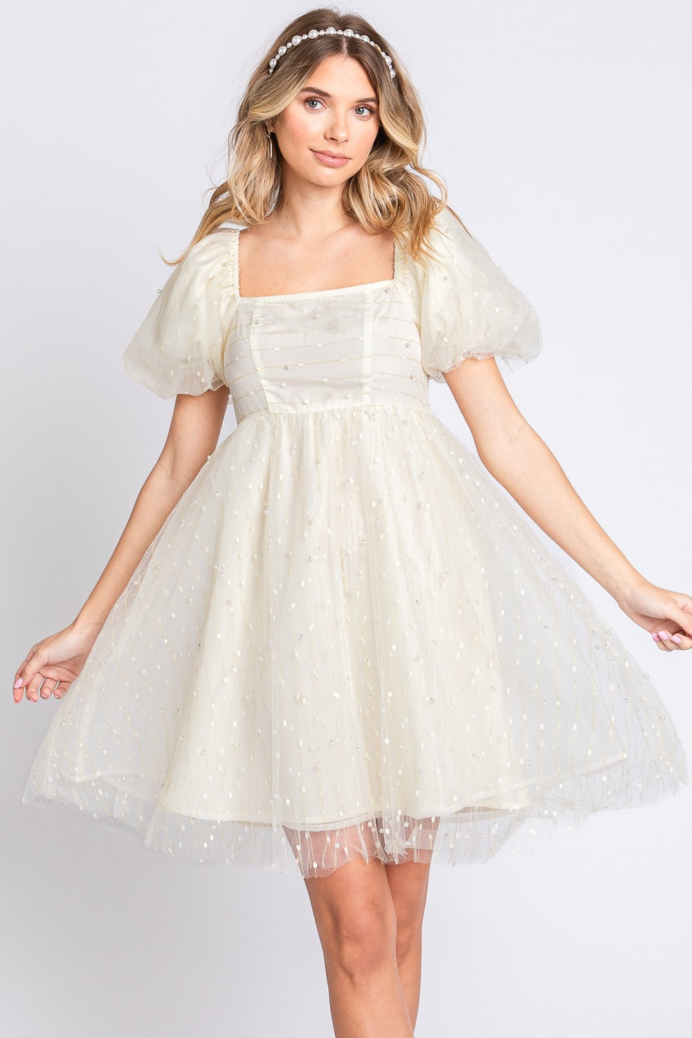 GeeGee Pearl Mesh Puff Sleeve Babydoll Dress Trendsi